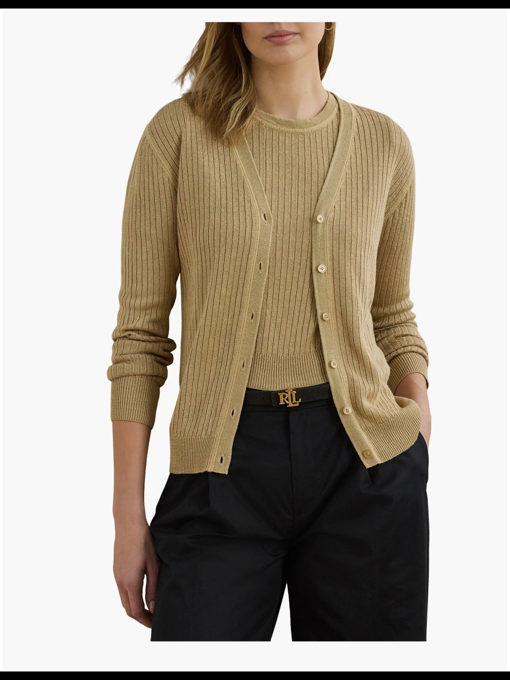Lauren Ralph Lauren Rib-Knit V-Neck Cardigan Sweater NWT Tan Beige